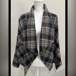 Monroe & Main Jacket Blazer Womens Sz L Shawl Lapel Open Front Lined Brown Plaid